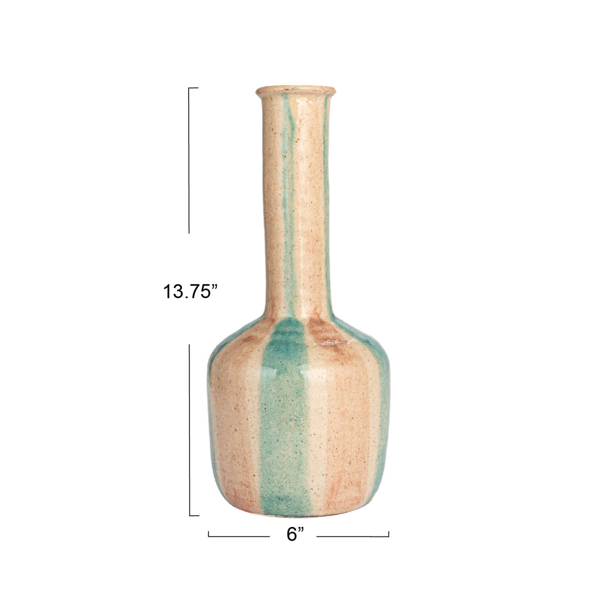 Hello Honey® 14" Blue & Maroon Hand-Painted Crackle Glaze Terra Cotta Vase with Tall Neck
